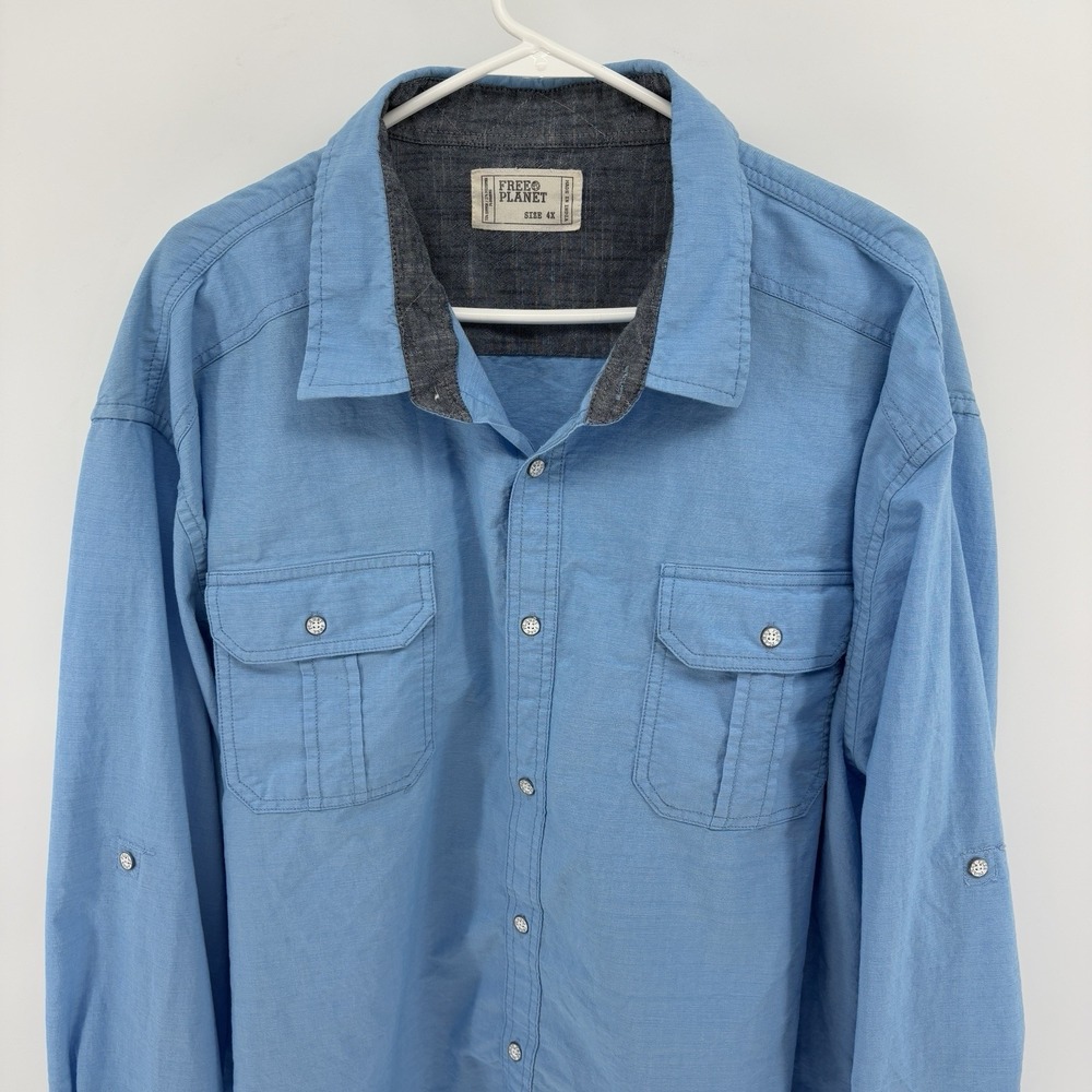 Free Planet Blue Utility Pocket Button Shirt Roll Tab Sleeve Men 4X